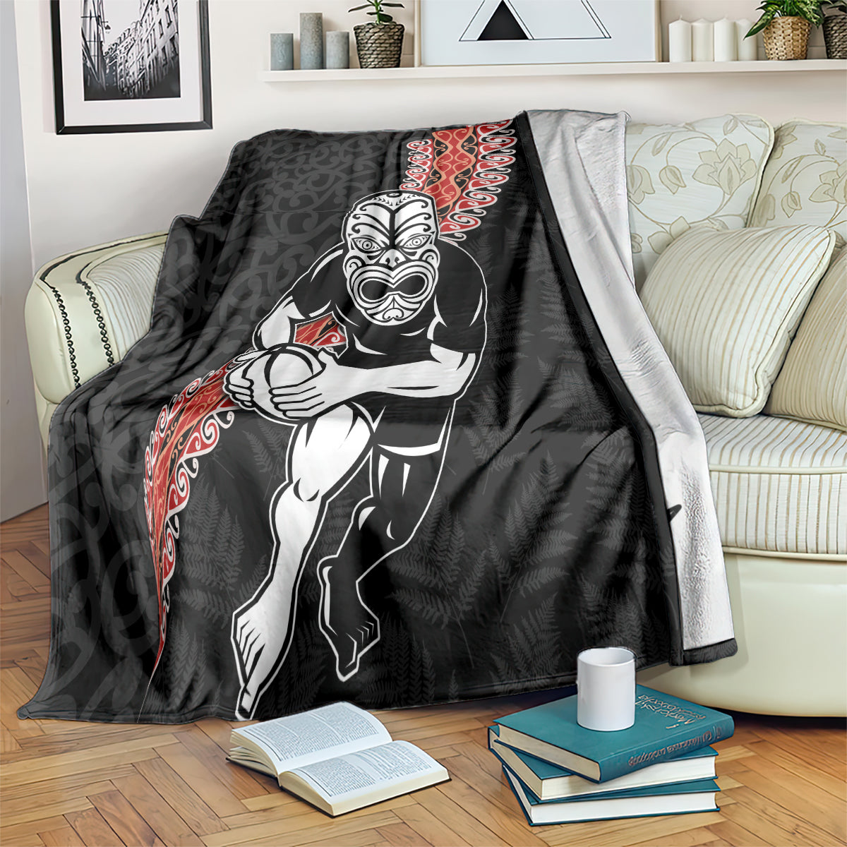 New Zealand Maori Warrior Rugby Blanket Maori and Silver Fern Half Style LT03 Black - Polynesian Pride