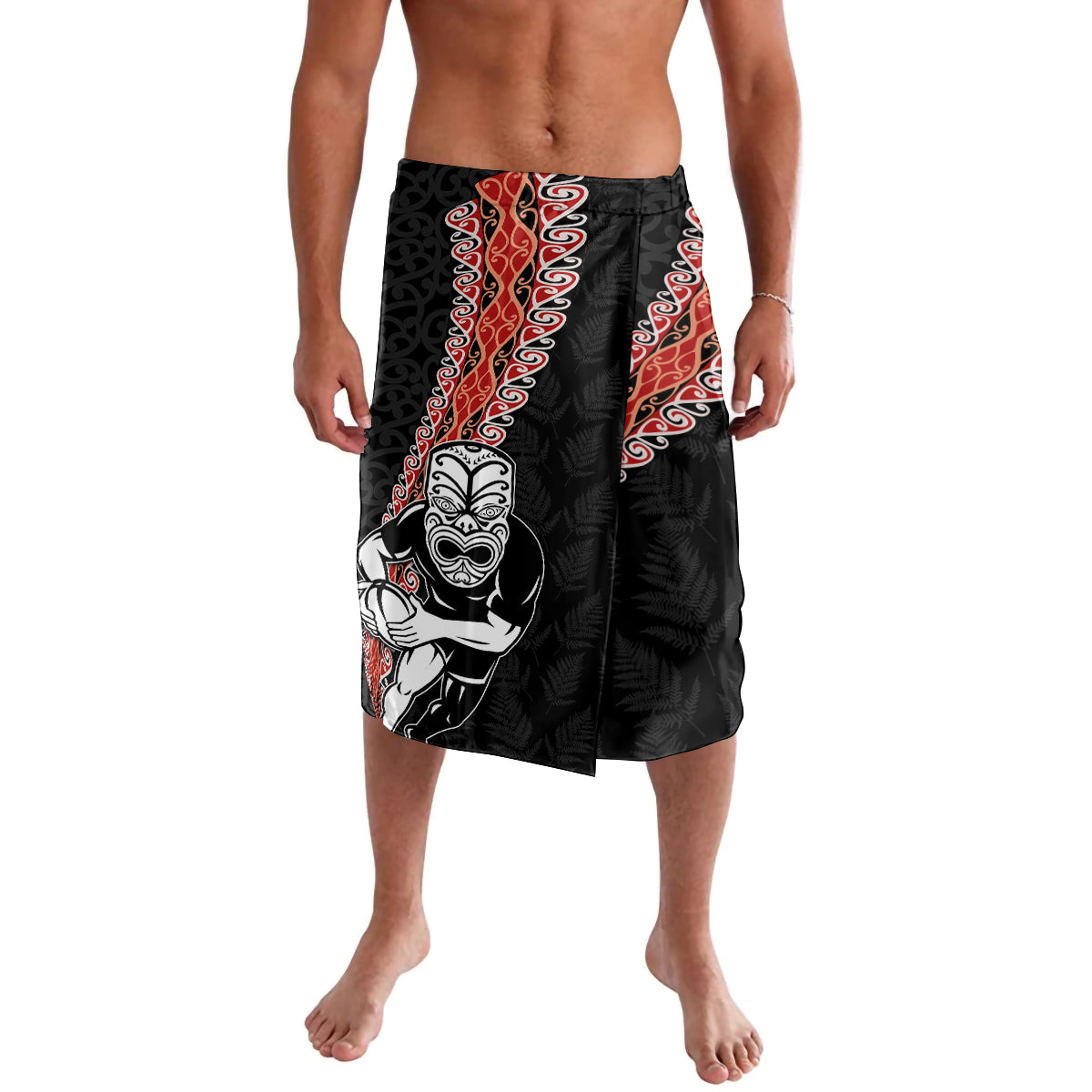 New Zealand Maori Warrior Rugby Lavalava Maori and Silver Fern Half Style LT03 Black - Polynesian Pride