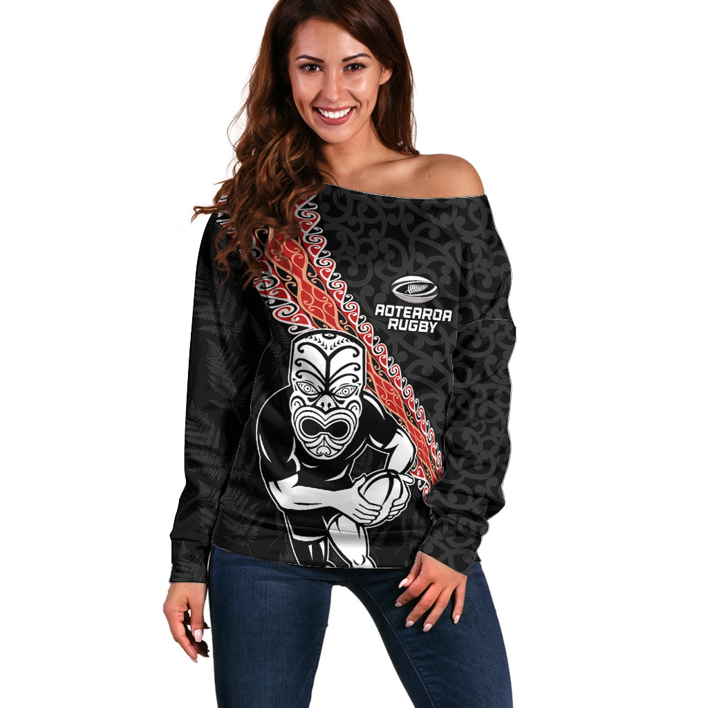New Zealand Maori Warrior Rugby Off Shoulder Sweater Maori and Silver Fern Half Style LT03 Women Black - Polynesian Pride