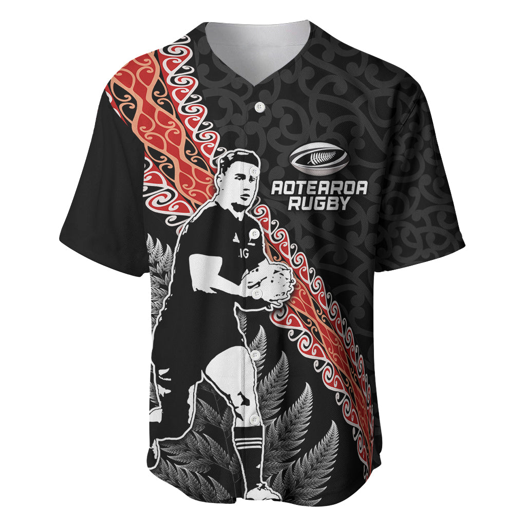 New Zealand Maori Rugby Player Baseball Jersey Maori and Silver Fern Half Style LT03 Black - Polynesian Pride