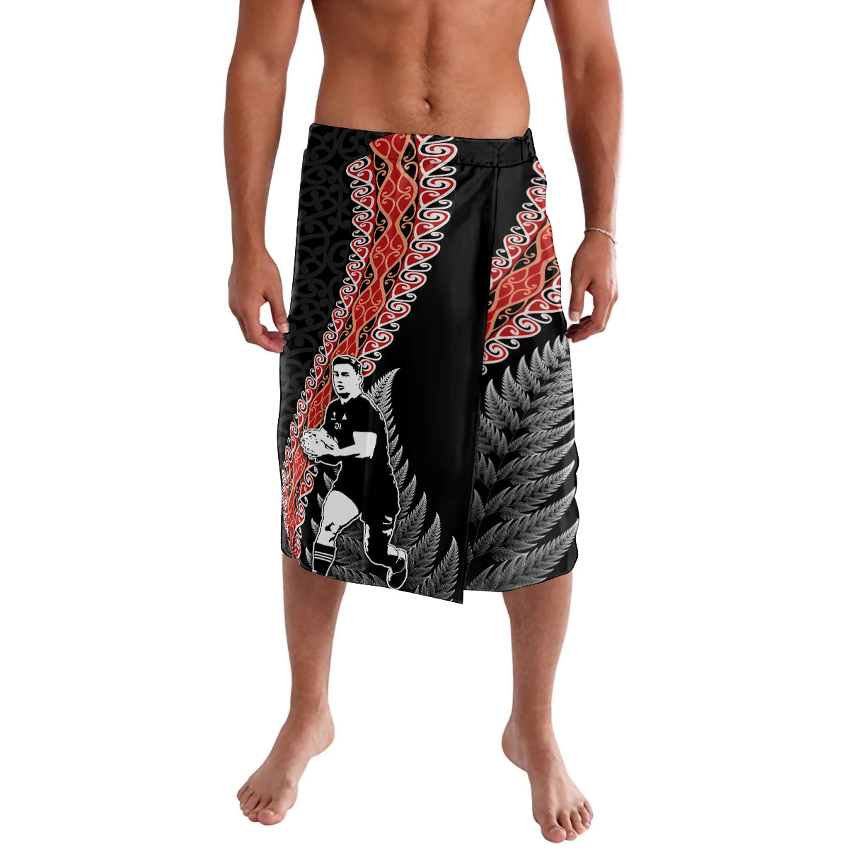 New Zealand Maori Rugby Player Lavalava Maori and Silver Fern Half Style LT03 Black - Polynesian Pride