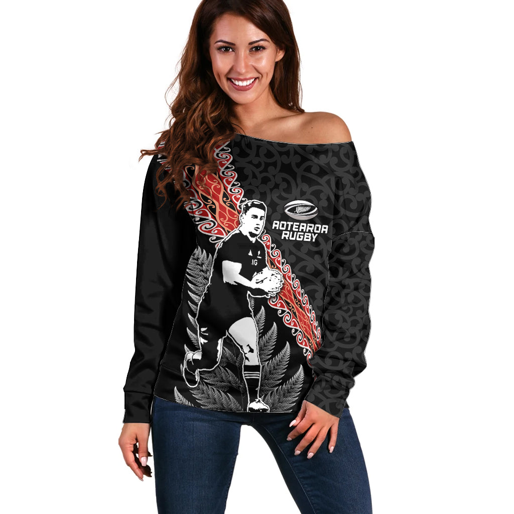 New Zealand Maori Rugby Player Off Shoulder Sweater Maori and Silver Fern Half Style LT03 Women Black - Polynesian Pride