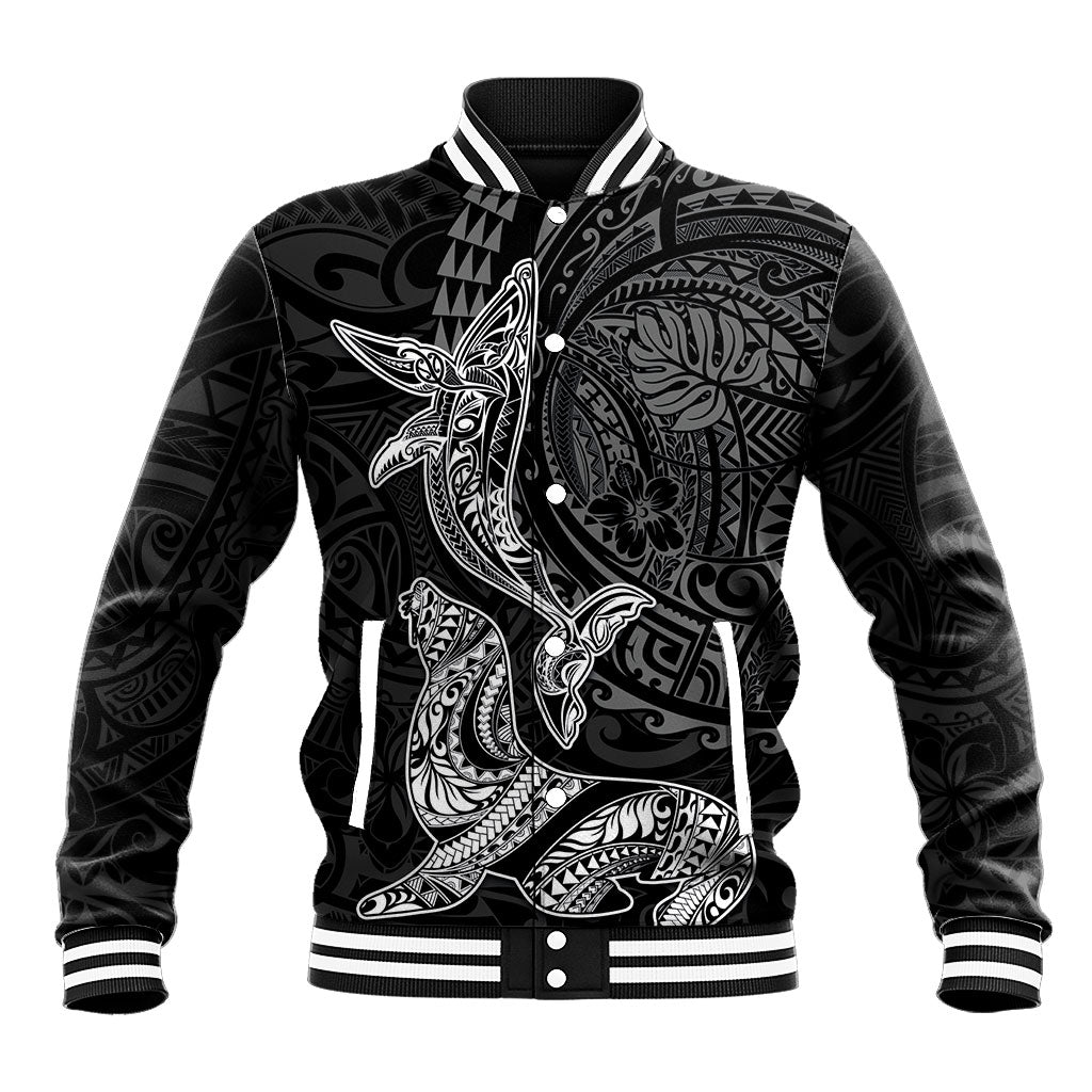 Hawaiian Monk Seal and Whale Baseball Jacket Kakau Tribal Pattern Grayscale LT03 Unisex Black - Polynesian Pride