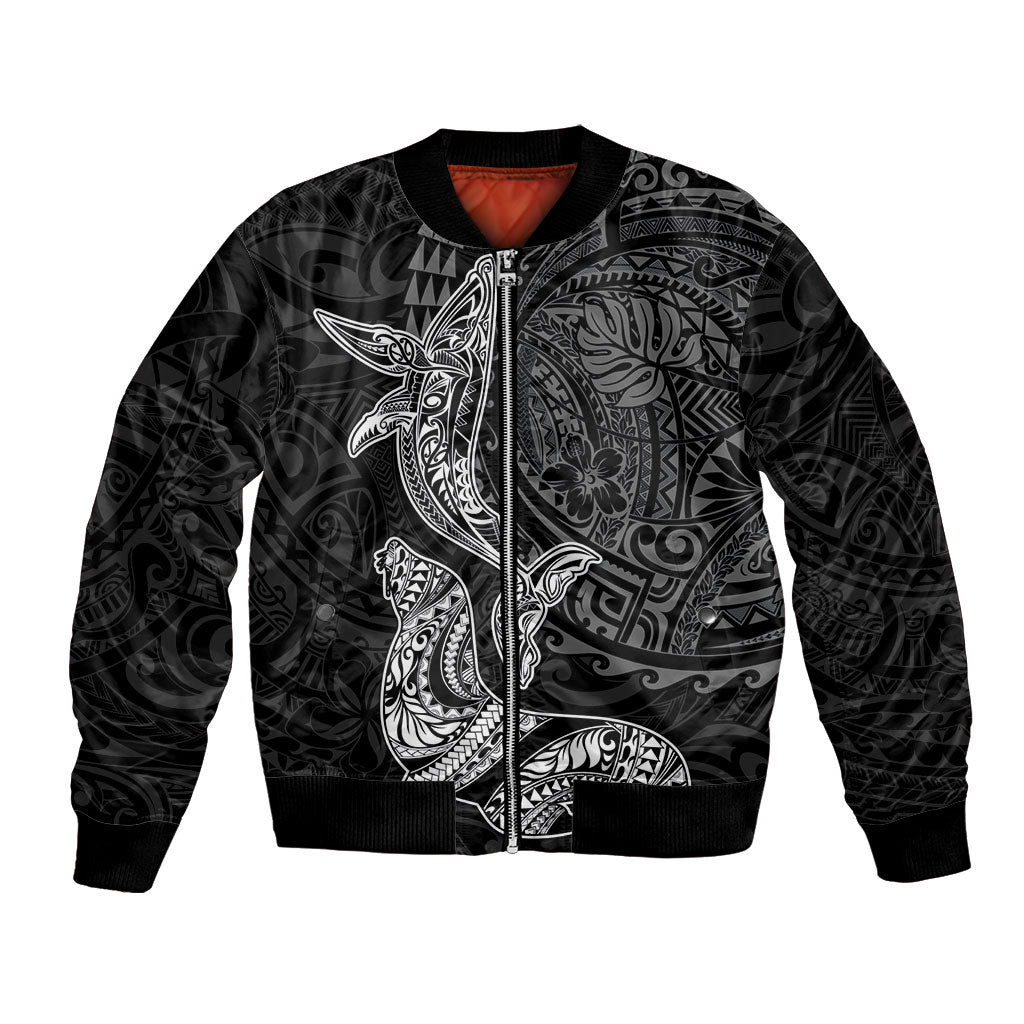 Hawaiian Monk Seal and Whale Bomber Jacket Kakau Tribal Pattern Grayscale LT03 Unisex Black - Polynesian Pride