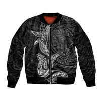 Hawaiian Monk Seal and Whale Bomber Jacket Kakau Tribal Pattern Grayscale LT03 Unisex Black - Polynesian Pride