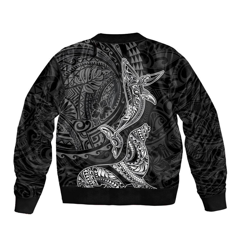 Hawaiian Monk Seal and Whale Bomber Jacket Kakau Tribal Pattern Grayscale LT03 - Polynesian Pride