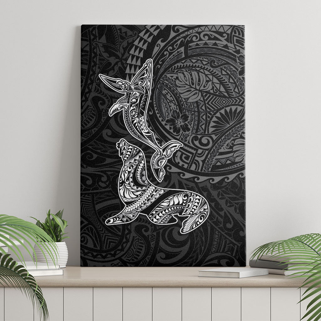 Hawaiian Monk Seal and Whale Canvas Wall Art Kakau Tribal Pattern Grayscale LT03 - Polynesian Pride