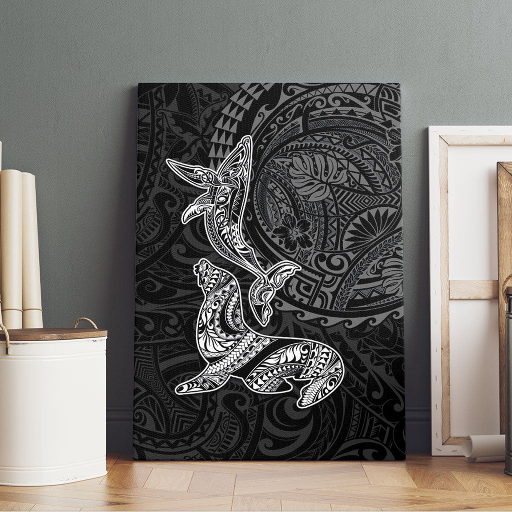 Hawaiian Monk Seal and Whale Canvas Wall Art Kakau Tribal Pattern Grayscale LT03 - Polynesian Pride