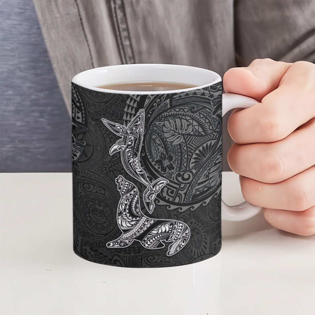 Hawaiian Monk Seal and Whale Ceramic Mug Kakau Tribal Pattern Grayscale LT03 - Polynesian Pride