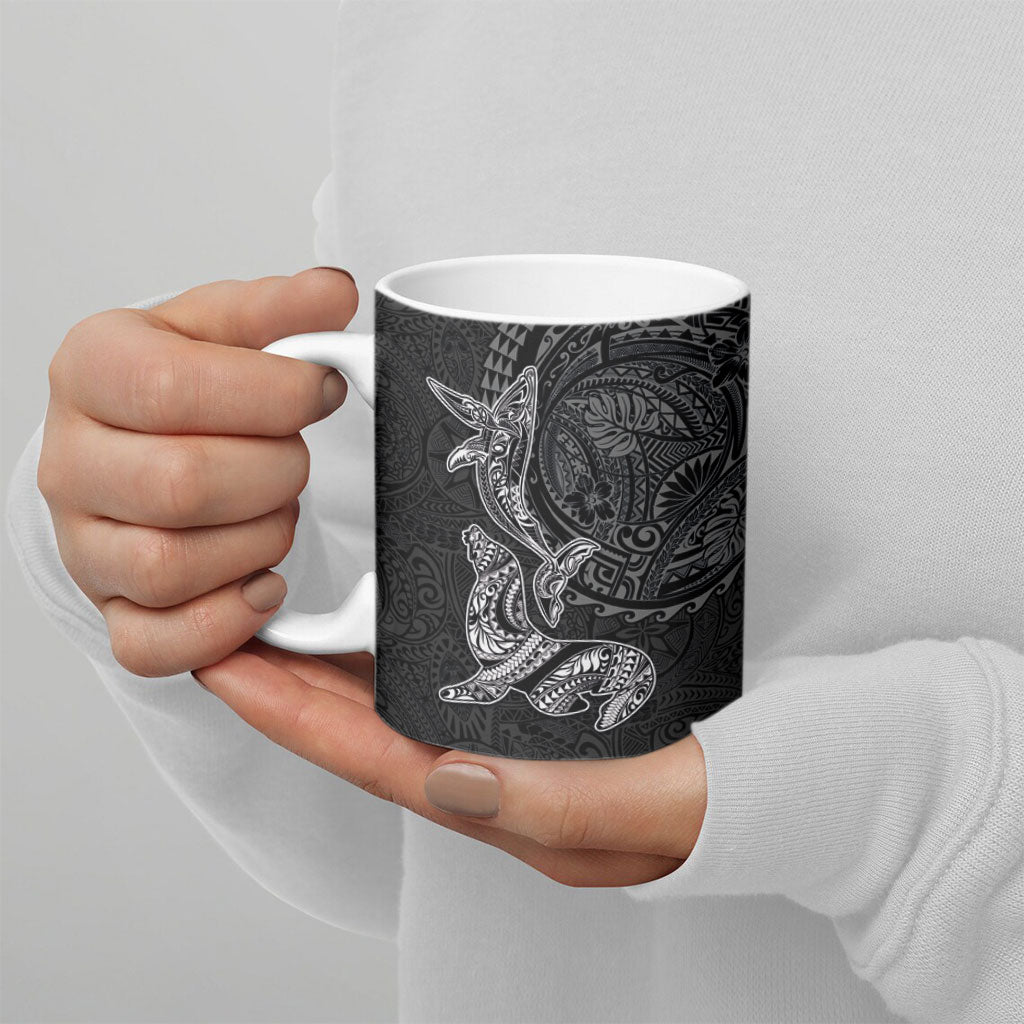 Hawaiian Monk Seal and Whale Ceramic Mug Kakau Tribal Pattern Grayscale LT03 - Polynesian Pride