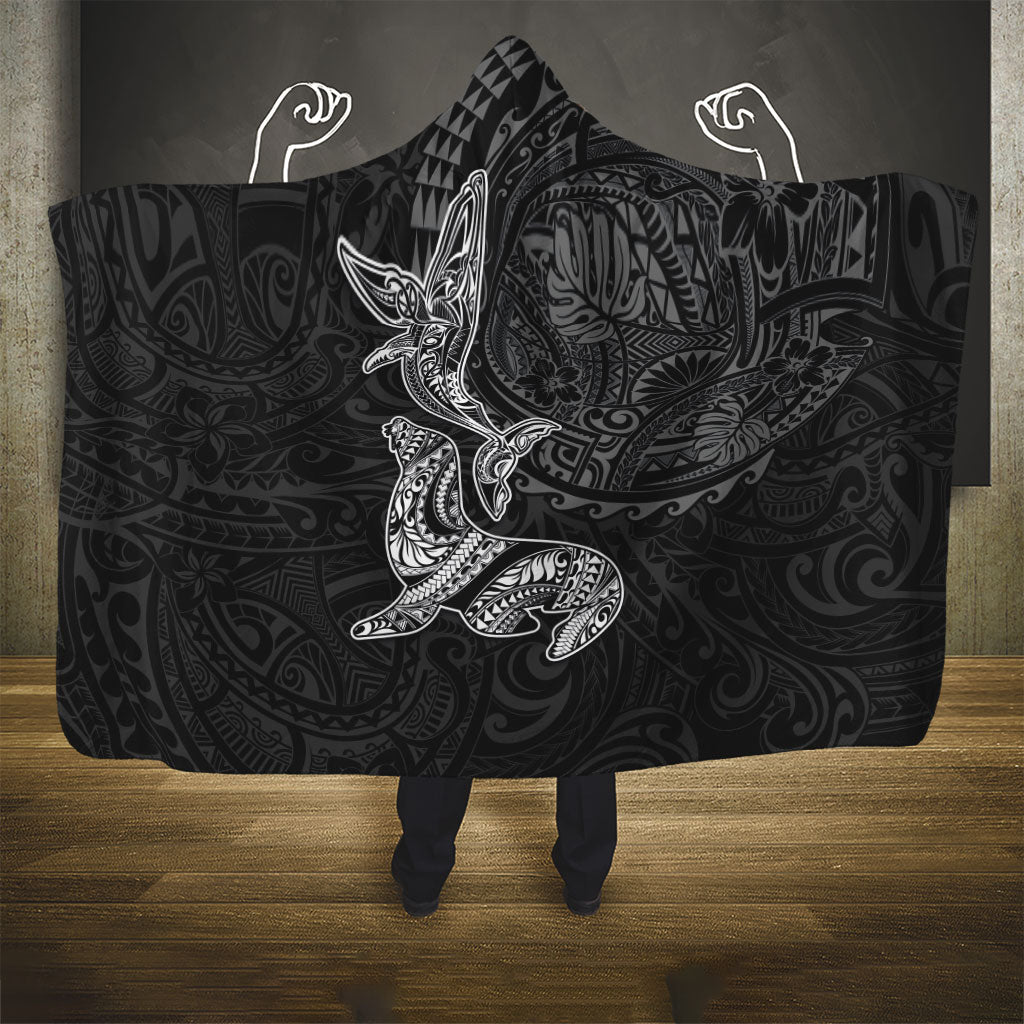 Hawaiian Monk Seal and Whale Hooded Blanket Kakau Tribal Pattern Grayscale LT03 - Polynesian Pride