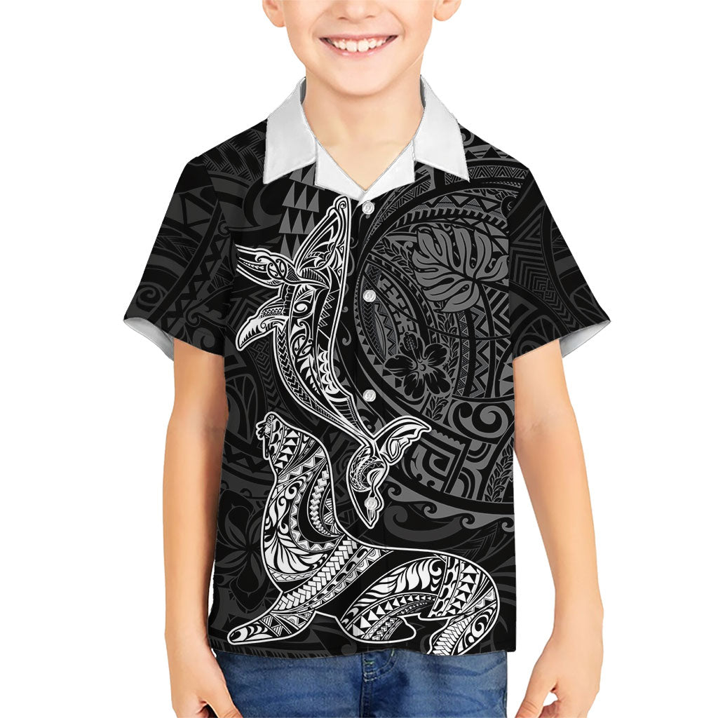 Hawaiian Monk Seal and Whale Kid Hawaiian Shirt Kakau Tribal Pattern Grayscale LT03 Kid Black - Polynesian Pride
