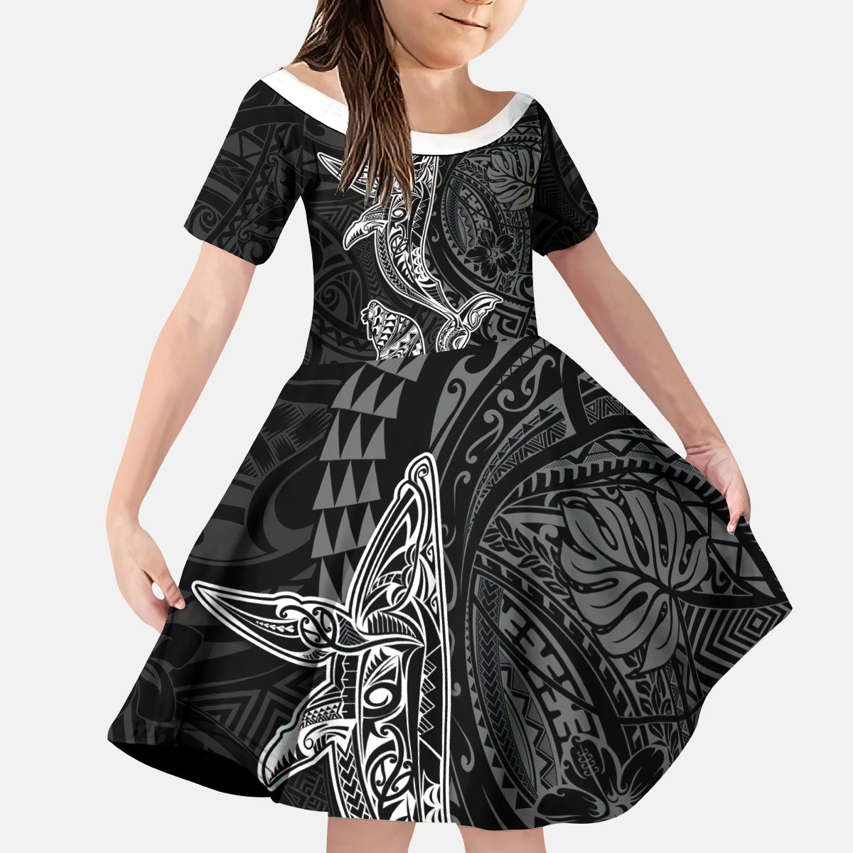 Hawaiian Monk Seal and Whale Kid Short Sleeve Dress Kakau Tribal Pattern Grayscale LT03 KID Black - Polynesian Pride