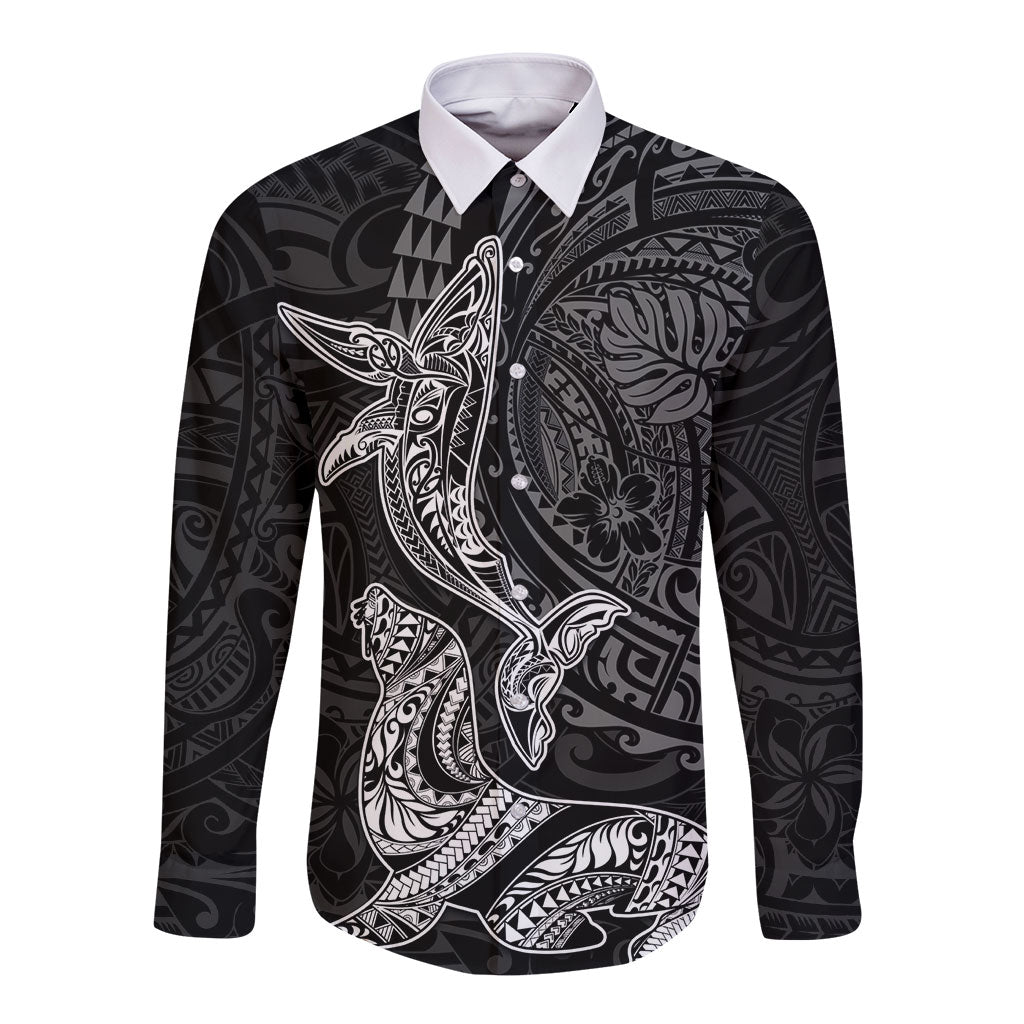 Hawaiian Monk Seal and Whale Long Sleeve Button Shirt Kakau Tribal Pattern Grayscale LT03 Unisex Black - Polynesian Pride