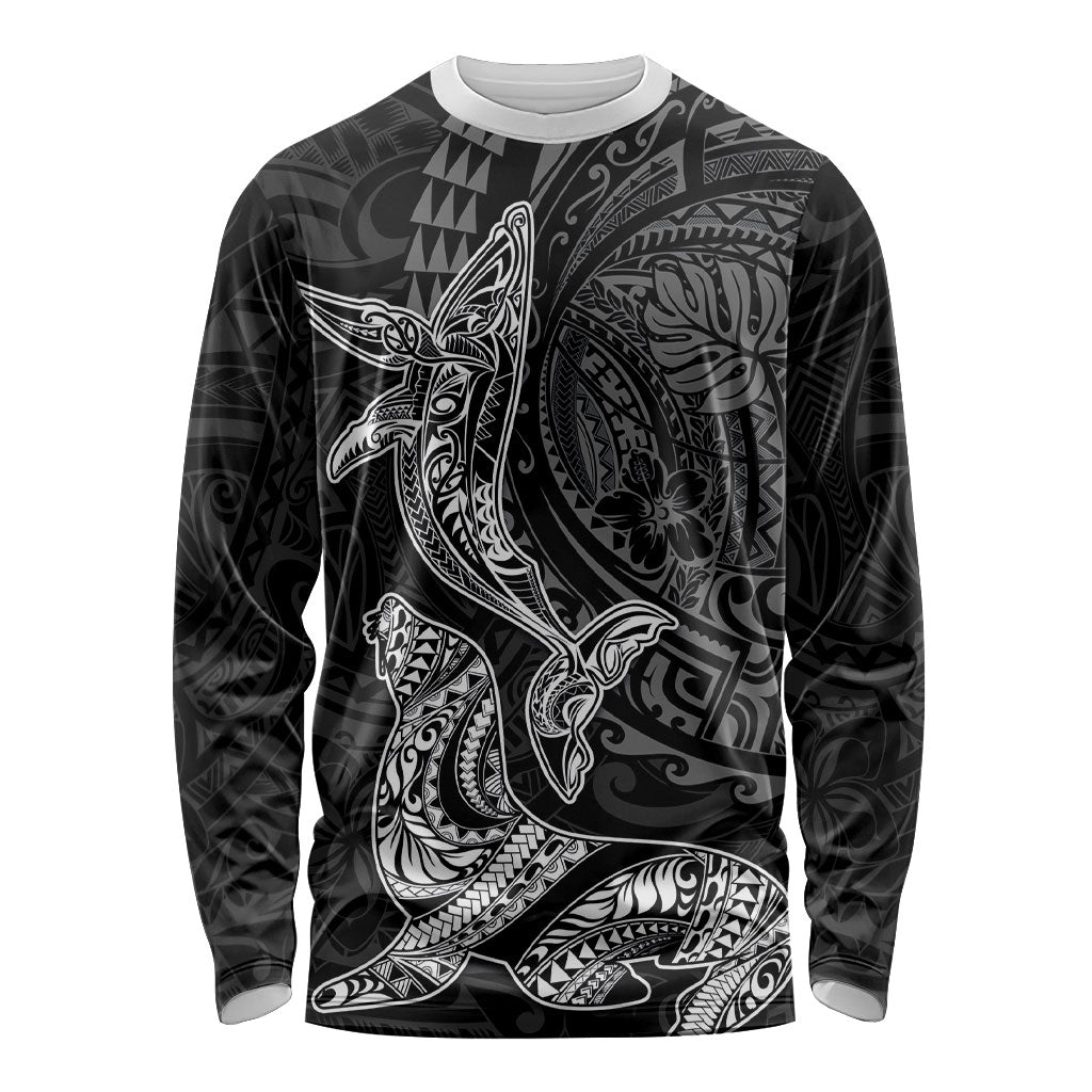 Hawaiian Monk Seal and Whale Long Sleeve Shirt Kakau Tribal Pattern Grayscale LT03 Unisex Black - Polynesian Pride