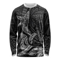 Hawaiian Monk Seal and Whale Long Sleeve Shirt Kakau Tribal Pattern Grayscale LT03 Unisex Black - Polynesian Pride
