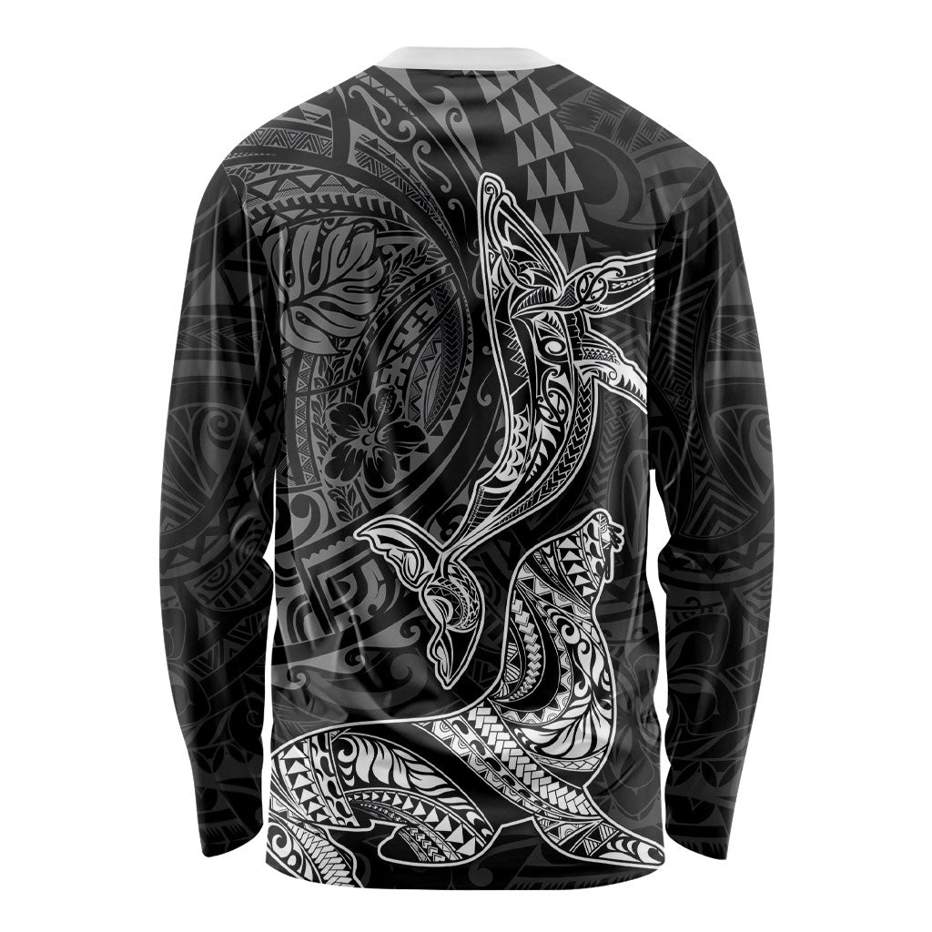 Hawaiian Monk Seal and Whale Long Sleeve Shirt Kakau Tribal Pattern Grayscale LT03 - Polynesian Pride