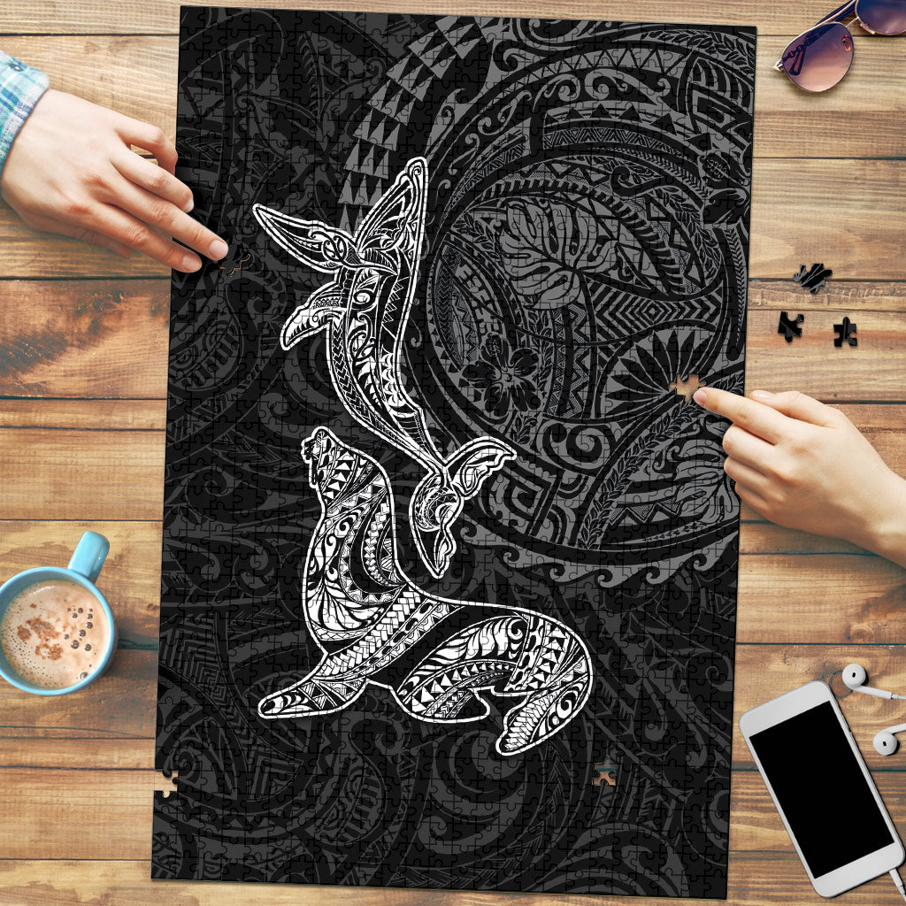 Hawaiian Monk Seal and Whale Puzzle Kakau Tribal Pattern Grayscale LT03 Black - Polynesian Pride