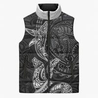 Hawaiian Monk Seal and Whale Sleeveless Puffer Jacket Kakau Tribal Pattern Grayscale LT03 Unisex Black - Polynesian Pride