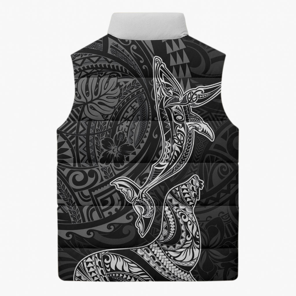 Hawaiian Monk Seal and Whale Sleeveless Puffer Jacket Kakau Tribal Pattern Grayscale LT03 - Polynesian Pride