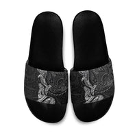 Hawaiian Monk Seal and Whale Slide Sandals Kakau Tribal Pattern Grayscale LT03 Black - Polynesian Pride