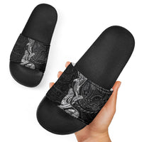 Hawaiian Monk Seal and Whale Slide Sandals Kakau Tribal Pattern Grayscale LT03 - Polynesian Pride