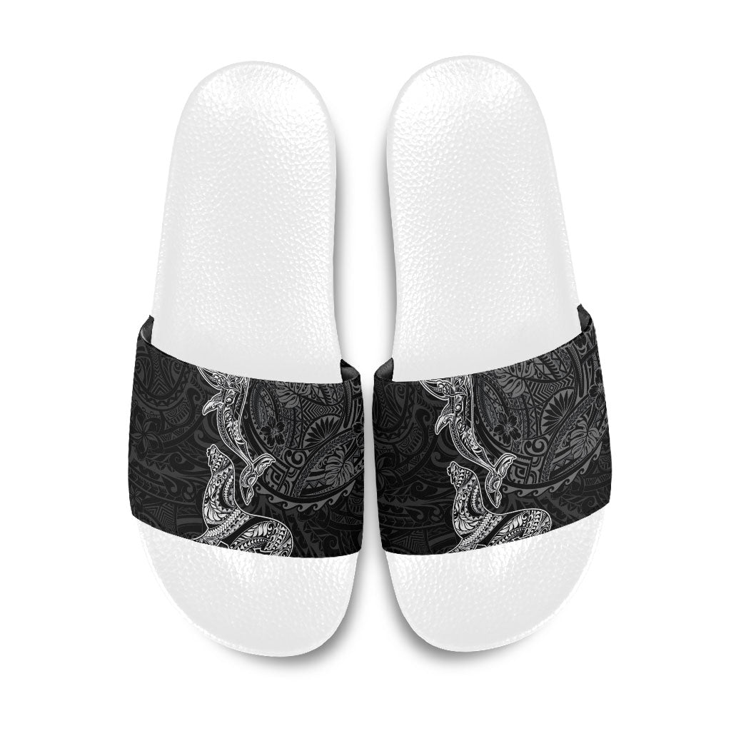 Hawaiian Monk Seal and Whale Slide Sandals Kakau Tribal Pattern Grayscale LT03 Black - Polynesian Pride