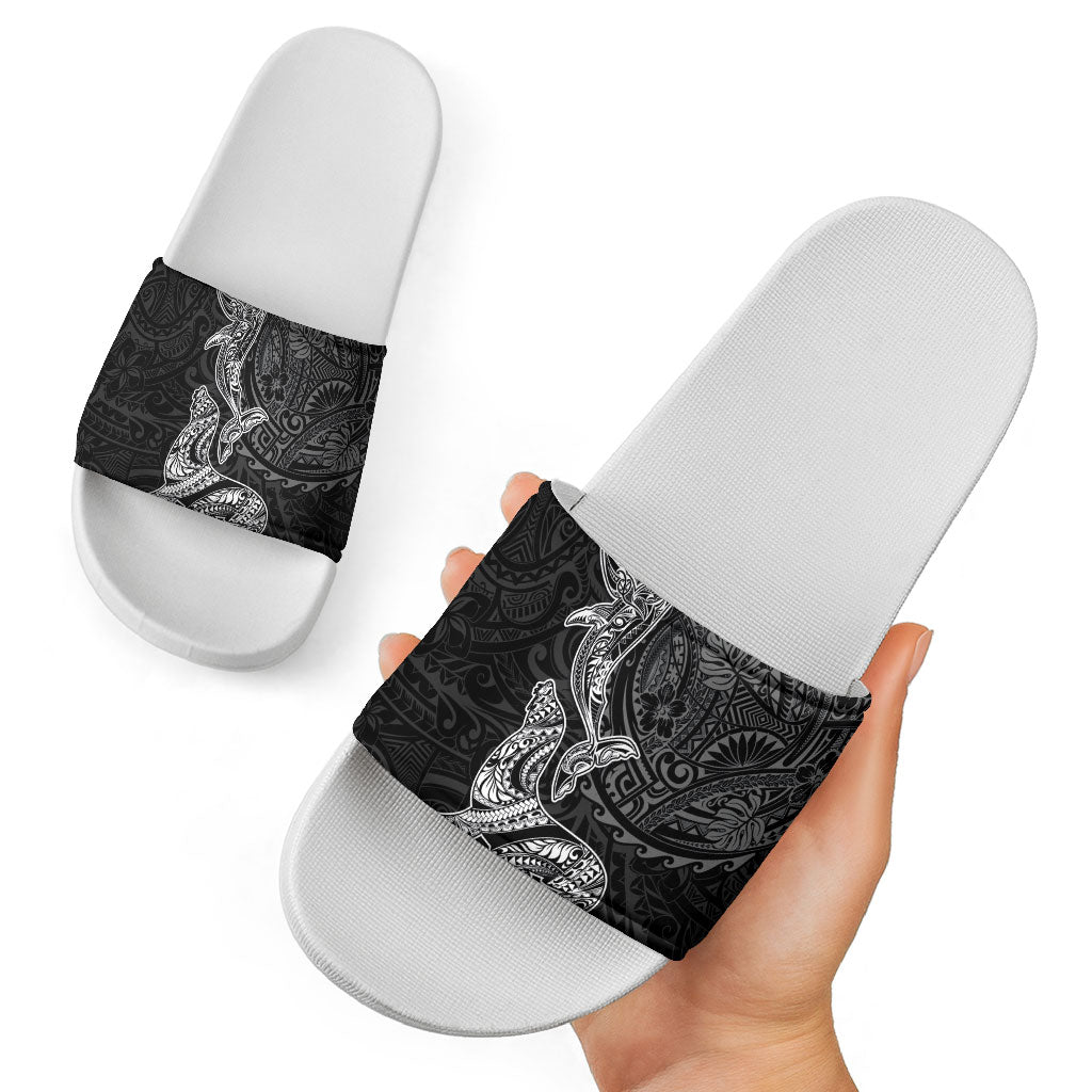 Hawaiian Monk Seal and Whale Slide Sandals Kakau Tribal Pattern Grayscale LT03 - Polynesian Pride