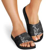 Hawaiian Monk Seal and Whale Slide Sandals Kakau Tribal Pattern Grayscale LT03 - Polynesian Pride