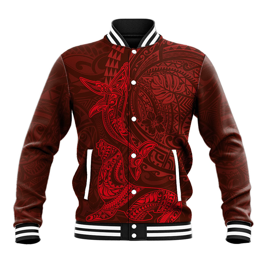 Hawaiian Monk Seal and Whale Baseball Jacket Kakau Tribal Pattern Red Color LT03 Unisex Red - Polynesian Pride