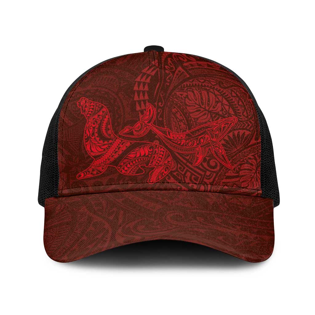 Hawaiian Monk Seal and Whale Baseball Net Cap Kakau Tribal Pattern Red Color LT03 One Size Black Red - Polynesian Pride