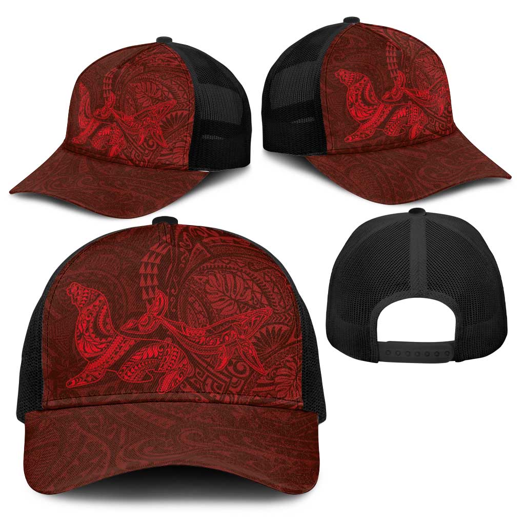 Hawaiian Monk Seal and Whale Baseball Net Cap Kakau Tribal Pattern Red Color LT03 - Polynesian Pride