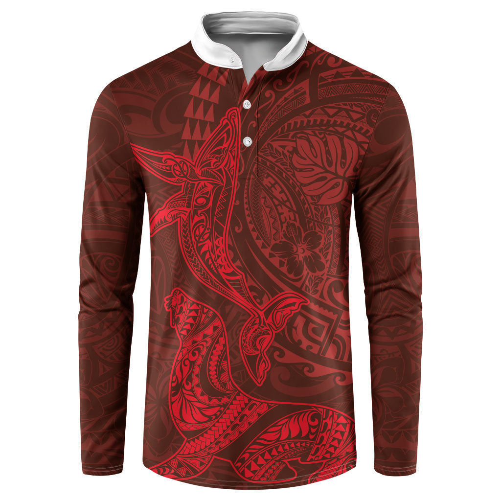 Hawaiian Monk Seal and Whale Button Sweatshirt Kakau Tribal Pattern Red Color LT03 Red - Polynesian Pride