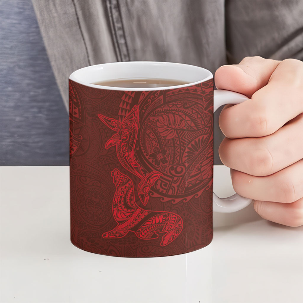 Hawaiian Monk Seal and Whale Ceramic Mug Kakau Tribal Pattern Red Color LT03 - Polynesian Pride