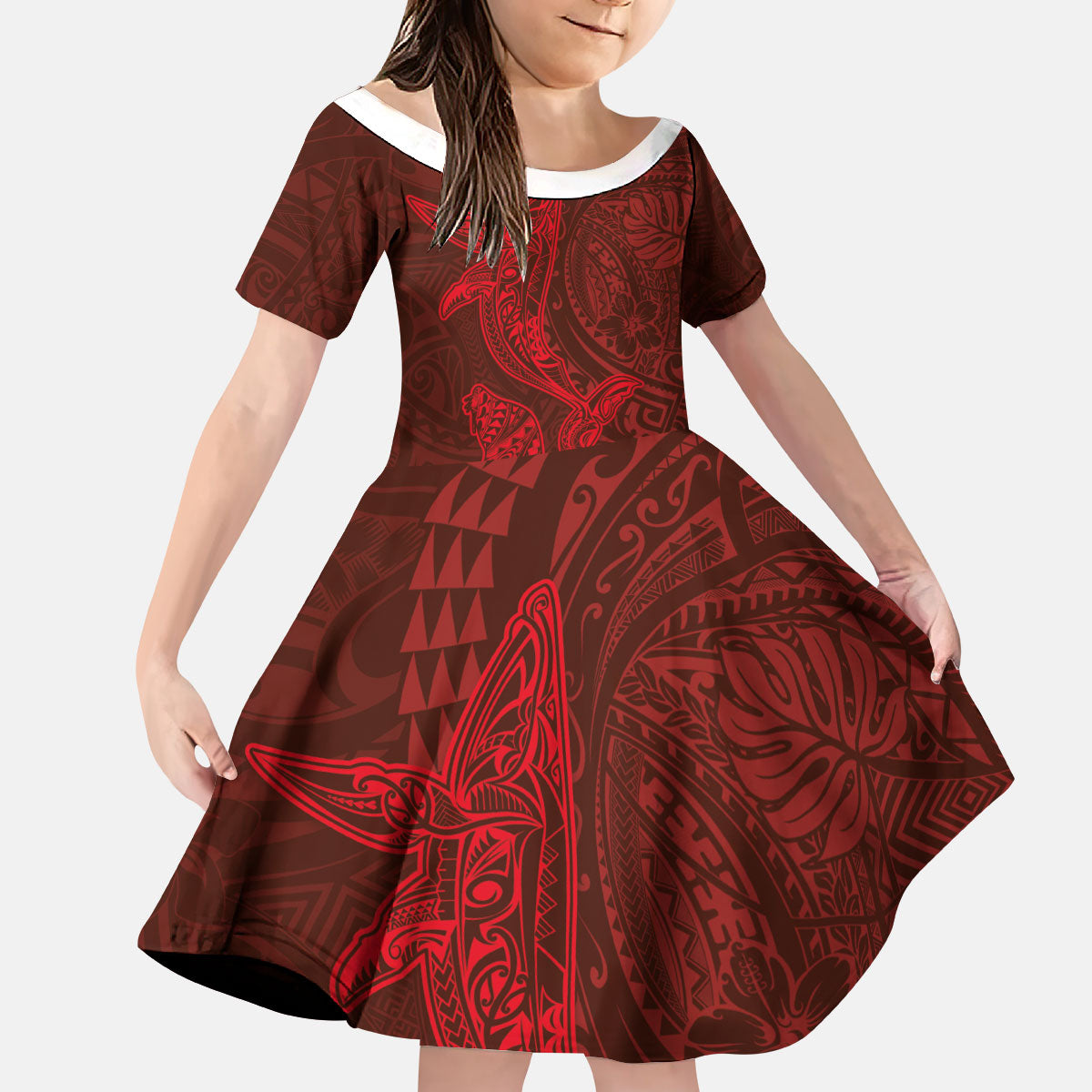 Hawaiian Monk Seal and Whale Kid Short Sleeve Dress Kakau Tribal Pattern Red Color LT03 KID Red - Polynesian Pride