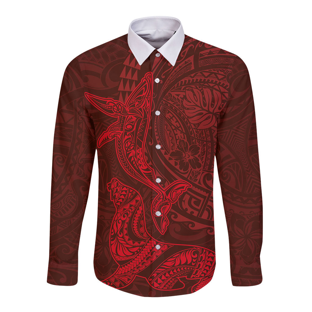 Hawaiian Monk Seal and Whale Long Sleeve Button Shirt Kakau Tribal Pattern Red Color LT03 Unisex Red - Polynesian Pride