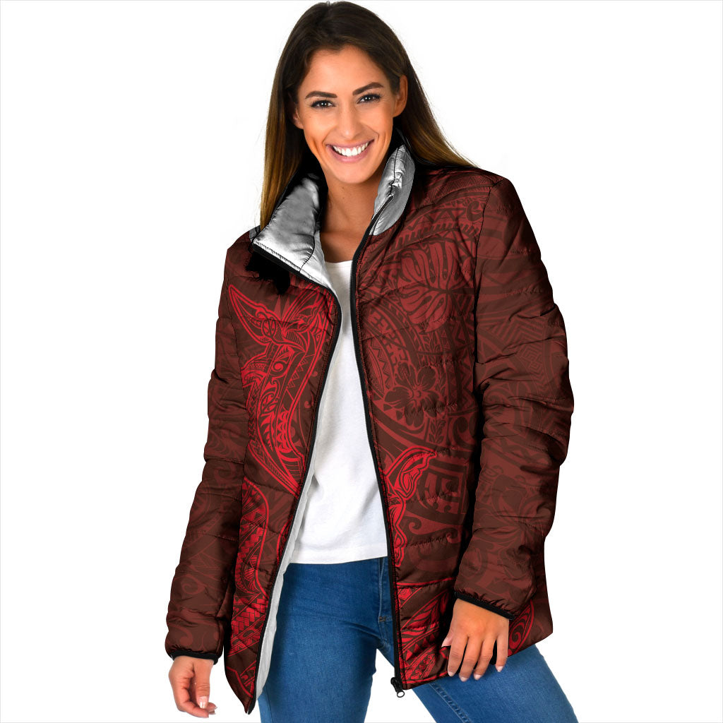 Hawaiian Monk Seal and Whale Padded Jacket Kakau Tribal Pattern Red Color LT03 Women Red - Polynesian Pride