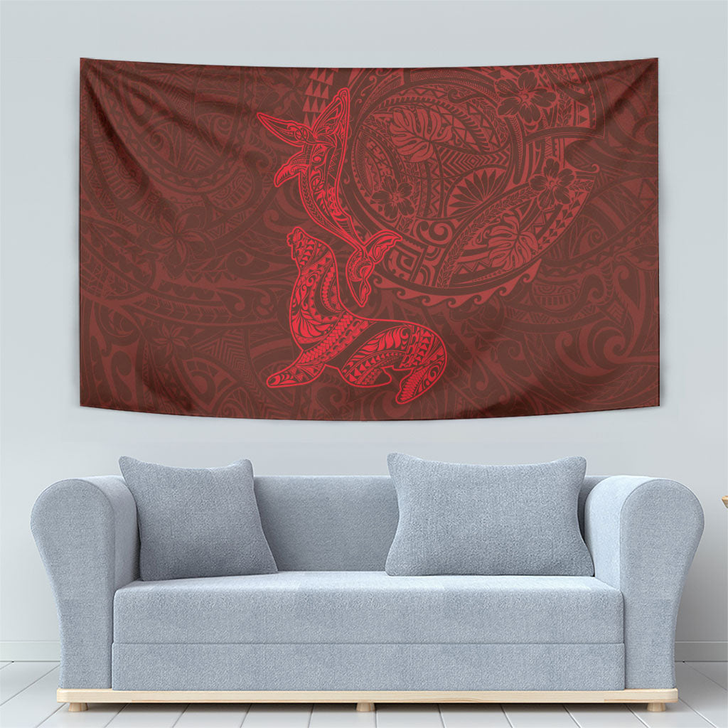 Hawaiian Monk Seal and Whale Tapestry Kakau Tribal Pattern Red Color LT03 - Polynesian Pride