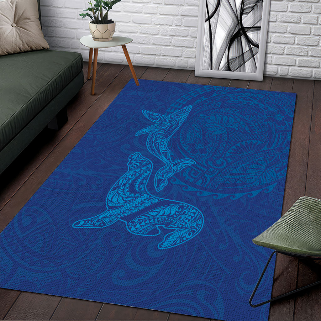 Hawaiian Monk Seal and Whale Area Rug Kakau Tribal Pattern Blue Color LT03 Blue - Polynesian Pride
