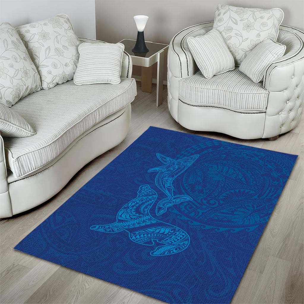 Hawaiian Monk Seal and Whale Area Rug Kakau Tribal Pattern Blue Color LT03 - Polynesian Pride
