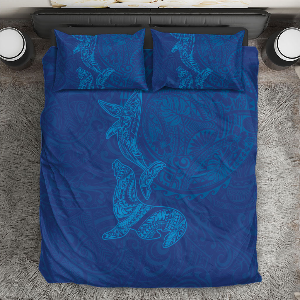 Hawaiian Monk Seal and Whale Bedding Set Kakau Tribal Pattern Blue Color LT03 Blue - Polynesian Pride