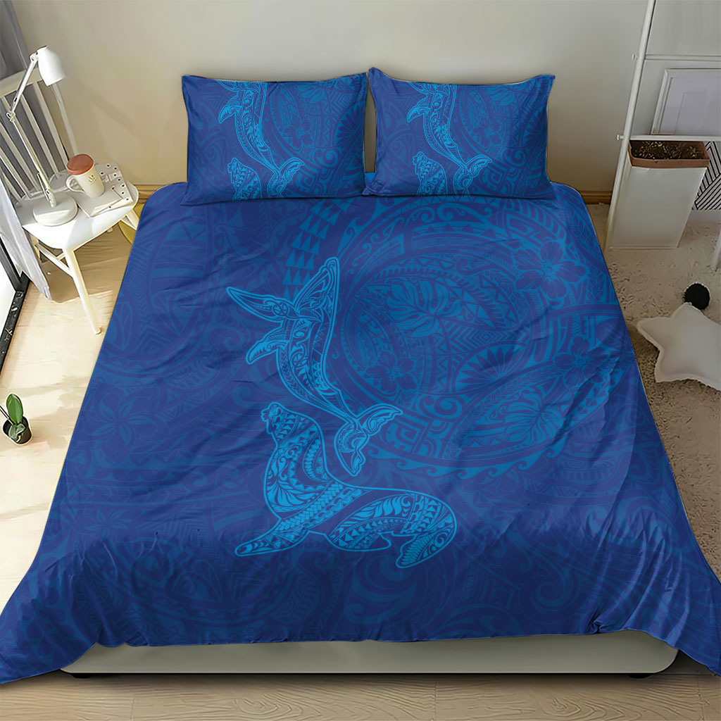 Hawaiian Monk Seal and Whale Bedding Set Kakau Tribal Pattern Blue Color LT03 - Polynesian Pride