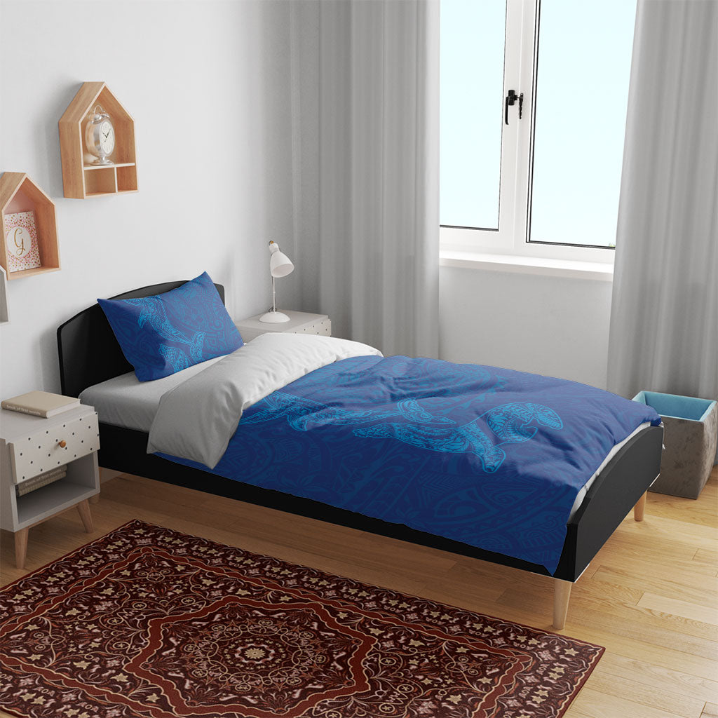 Hawaiian Monk Seal and Whale Bedding Set Kakau Tribal Pattern Blue Color LT03 - Polynesian Pride