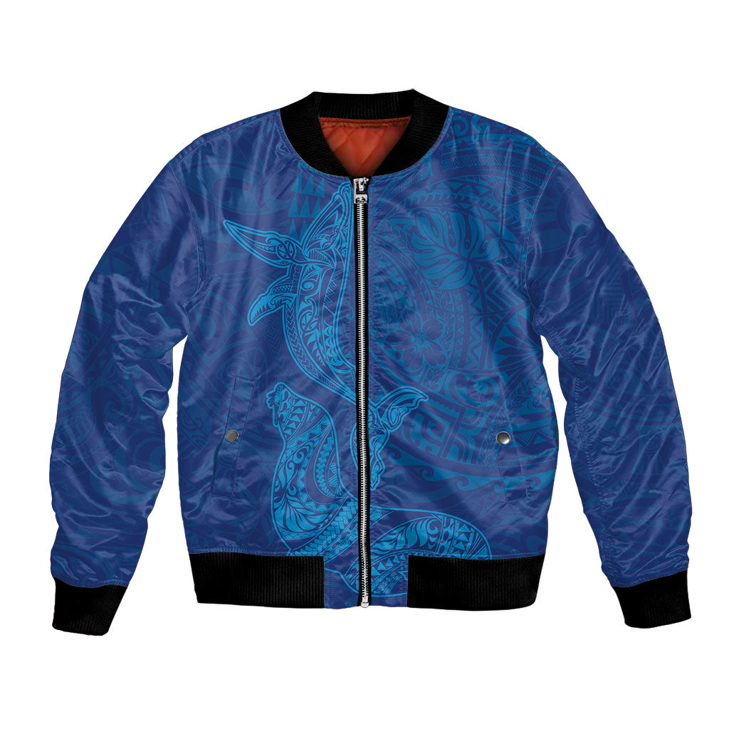 Hawaiian Monk Seal and Whale Bomber Jacket Kakau Tribal Pattern Blue Color LT03 Unisex Blue - Polynesian Pride