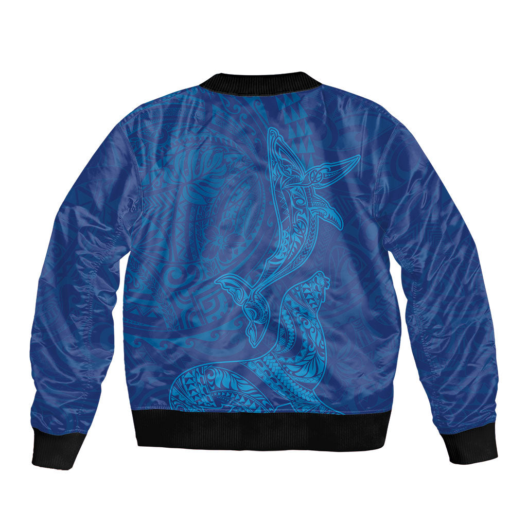 Hawaiian Monk Seal and Whale Bomber Jacket Kakau Tribal Pattern Blue Color LT03 - Polynesian Pride