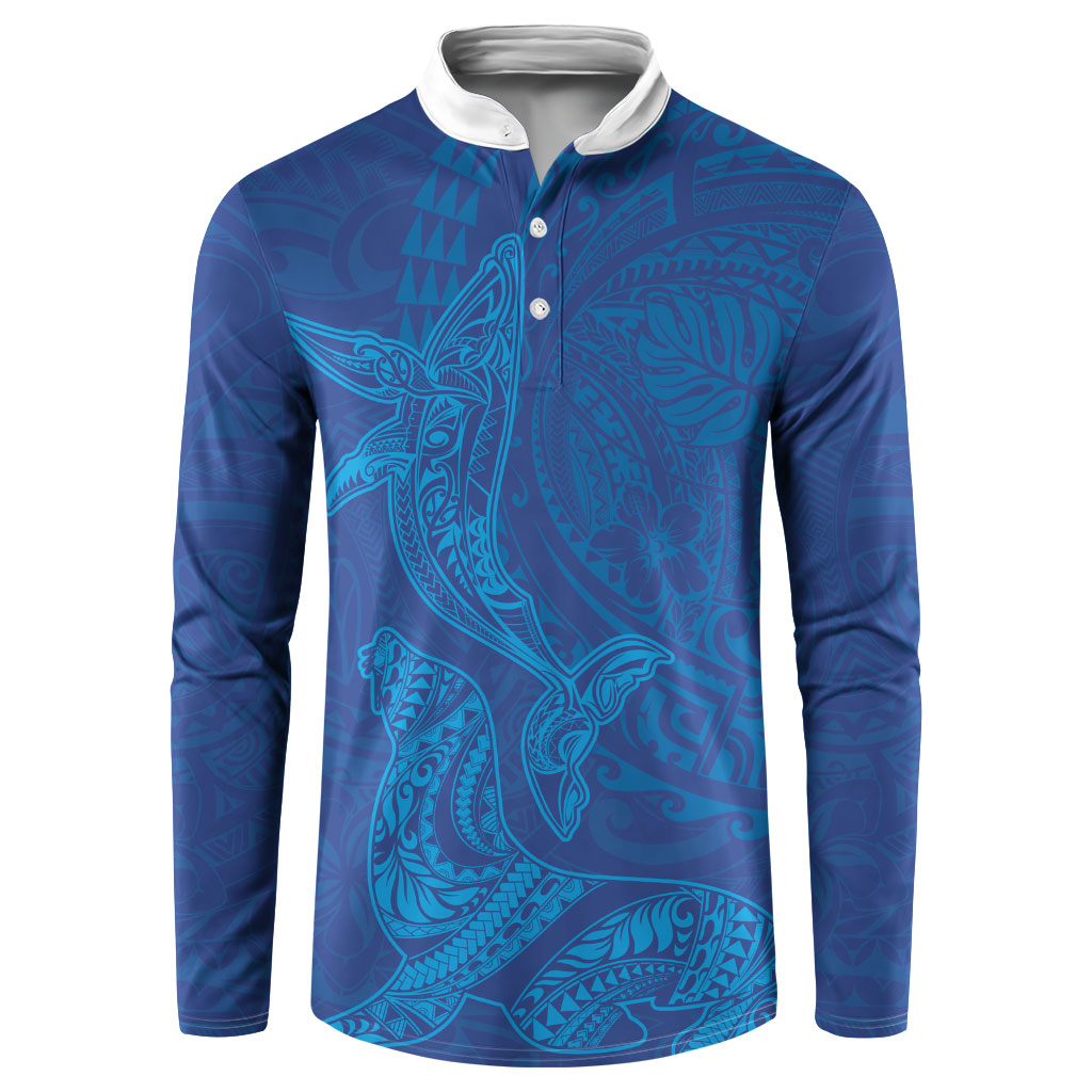 Hawaiian Monk Seal and Whale Button Sweatshirt Kakau Tribal Pattern Blue Color LT03 Blue - Polynesian Pride