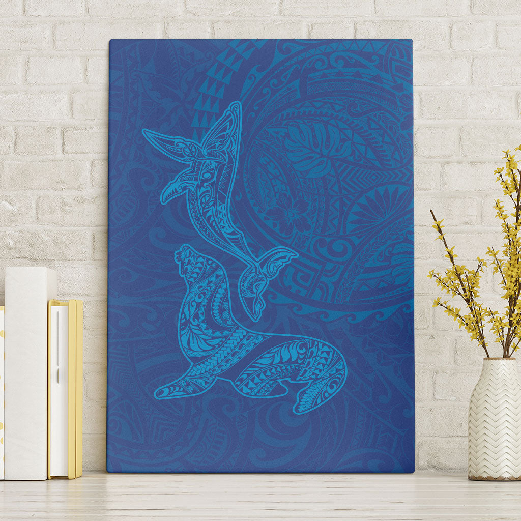 Hawaiian Monk Seal and Whale Canvas Wall Art Kakau Tribal Pattern Blue Color LT03 Without Frame Blue - Polynesian Pride