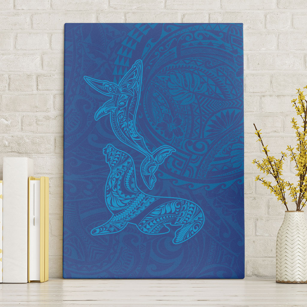 Hawaiian Monk Seal and Whale Canvas Wall Art Kakau Tribal Pattern Blue Color LT03 Without Frame Blue - Polynesian Pride
