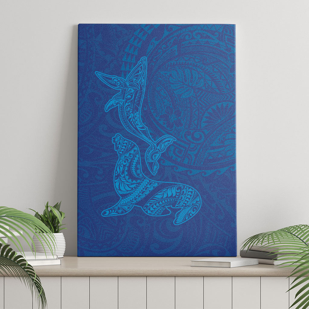 Hawaiian Monk Seal and Whale Canvas Wall Art Kakau Tribal Pattern Blue Color LT03 - Polynesian Pride