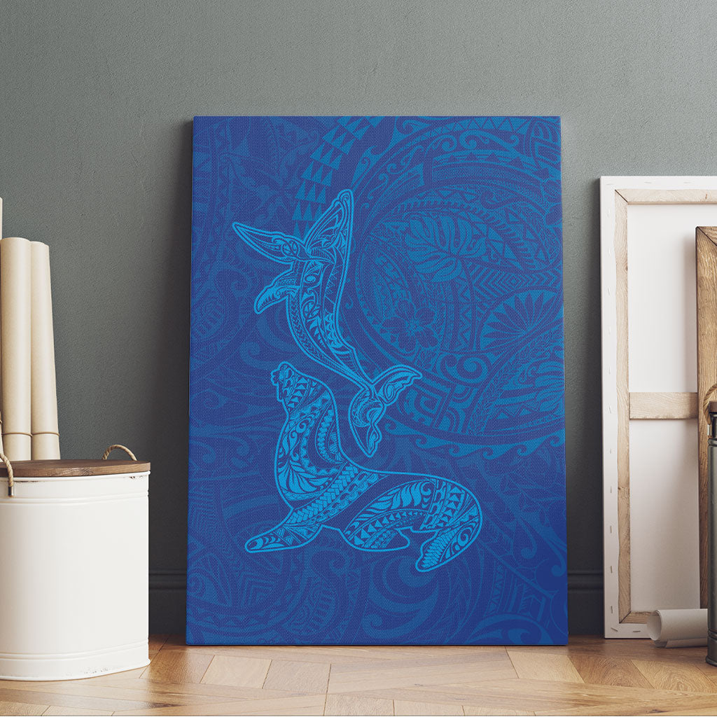 Hawaiian Monk Seal and Whale Canvas Wall Art Kakau Tribal Pattern Blue Color LT03 - Polynesian Pride